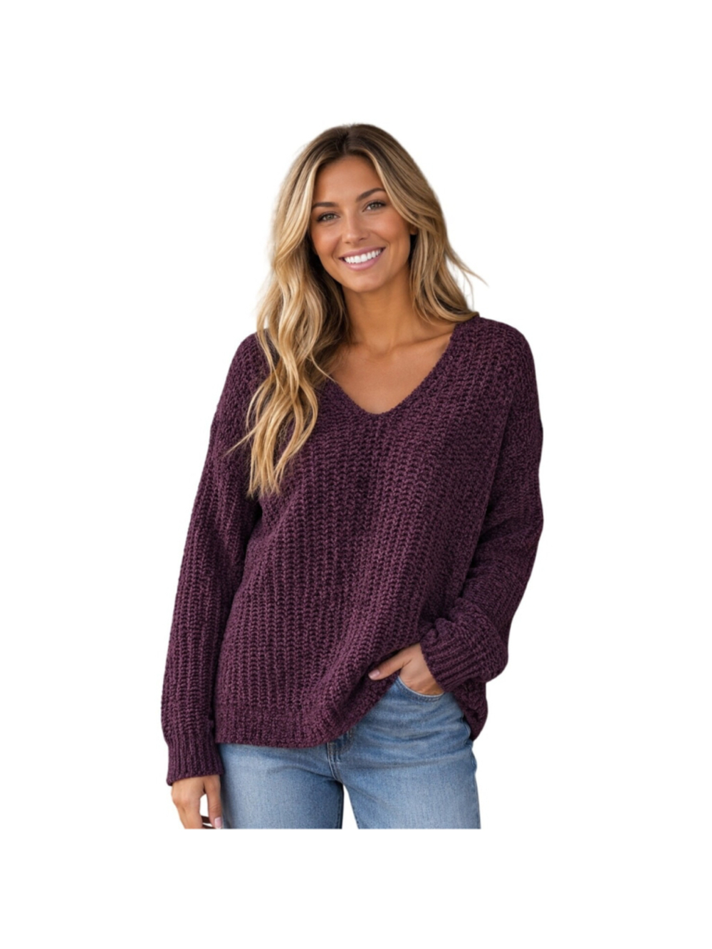 NWT Eggplant purple velour chenille chunky knit slub v neck sweater express S